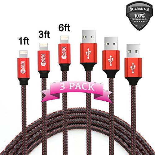 Iophi 3 PACK 1FT 3FT 6FT Nylon Braided Lightning to USB Cable 2.4A High Speed Heavy Duty Aluminum Connector Charge Sync Cable for iPhone 7 / 7 Plus / 6 / 6s / 5 / 5s / 5c / SE / iPad / iPod - RED