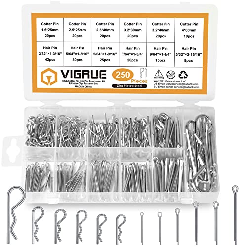 VIGRUE 250PCS Hairpin Cotter Pin Assortment Kit 12 Sizes Zinc Plated