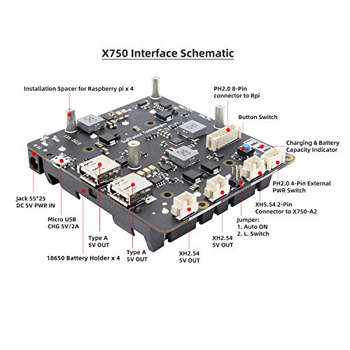 Geekworm Raspberry Pi UPS, Raspberry Pi 4B/3B+/3B 18650 UPS & Power Management Expansion Board X750 Shield with Auto Power-on for Raspberry Pi 4 Model B/3B+/3B (Only X750 Board)