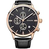 SONGDU Date Black Multifunction Chronograph Mens Watches Stopwatch Rose Gold With Leather Strap (black dial)