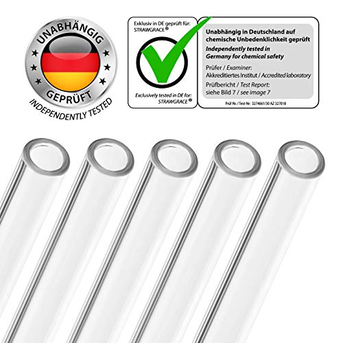 STRAWGRACE Glas-Strohhalme gerade 23cm lang -Hochstabiles Laborglas- 5er Set mit 2 Reinigungsbürsten - Glas-Trinkhalme… – Bild 3