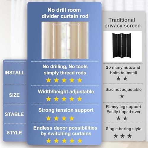 Dsocool Room Divider No Drilling Curtain Rod Wall Divider for Room Separation, 122-305cm(H) 70-290cm(W) Adjustable, Heavy Duty Partition Space Separator Freestanding Tension Curtain Stand, White
