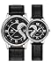 OOFIT Black Leather Romantic Silver Pair Wrist Watches for Couple Men Women (Set of 2)