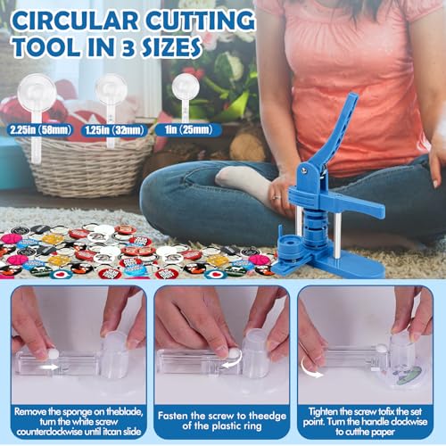 Button Making Machine, 25mm/32mm/58mm 3 in 1 Round Badge Press Kit with 300 Pieces Buttons for Gifts and Pins, Dark Blue