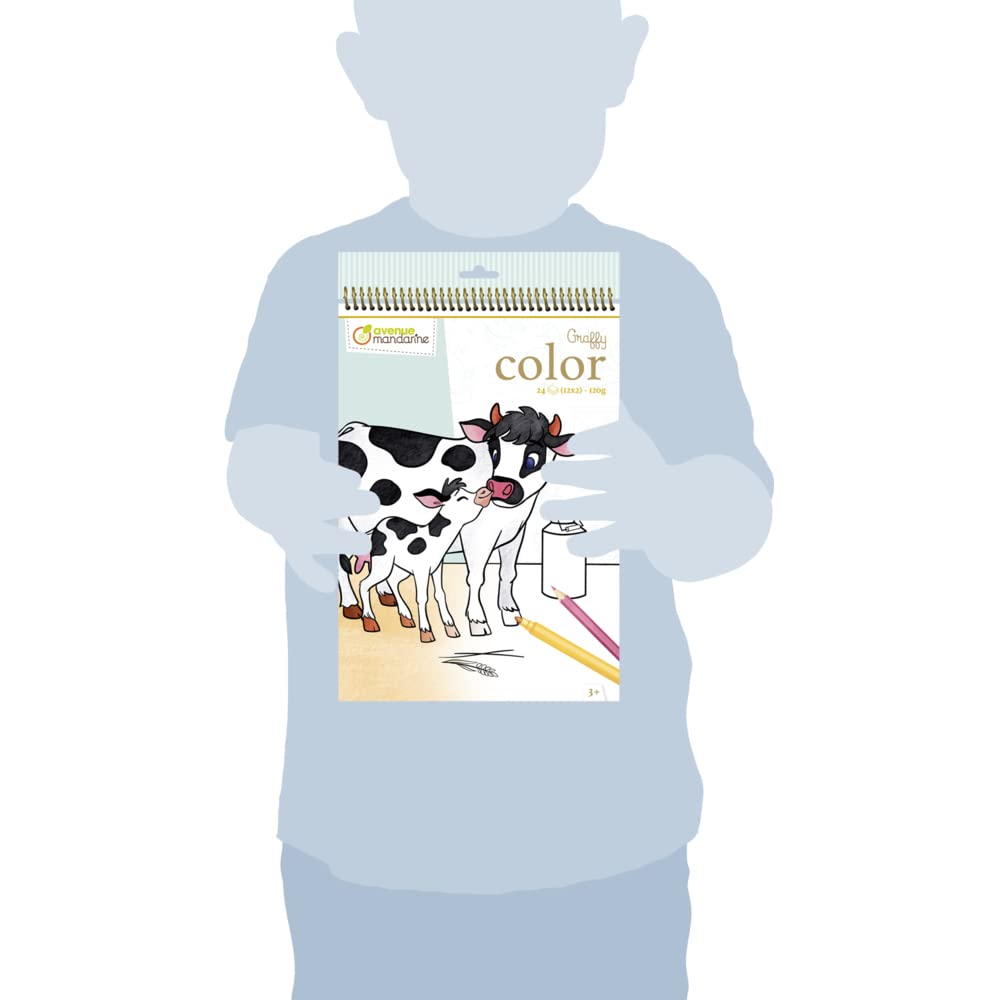 Avenue Mandarine - Ref GY104C - Graffy Color Colouring Book - Farm Animal Family Designs - 120gsm Drawing Paper, Micro-Perforated Sheets, 24 Sheets, 12 Designs, Suitable for Ages 3+