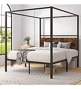 Ikalido Queen Size Metal Canopy Bed Frame with Morden Wooden Headboard for Girls & Adults, Heavy ...