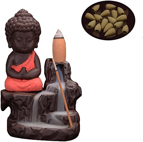 Incense Burner Ceramic Little Monk and Buddha Home Ornaments Backflow Incense Holder (red 1)