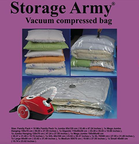 Storage Army [10 Mix Family Pack Storage Bags [One from All] Jumbo, Mega Jumbo Hanging, Gigantic, Jumbo Hanging, Mega Jumbo, XXL, XL, L, M & S Seal Compressed Vacuum Bag Storage Saver Organizer Space