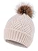 Diamond Weave Knit Faux Fur Pompom Winter Women Beanie, Cream