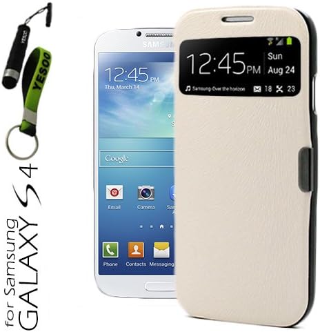 YESOO (White) Smart View Flip Cover With Magnetic flap closure Case for Samsung Galaxy S4 S IV SIV S 4 Iv Gt-i9500 With Aluminum Touch Pen And Silicone Key Chain (Compatible Model: AT&T, T-Mobile, Sprint, Verizon, US Cellular)