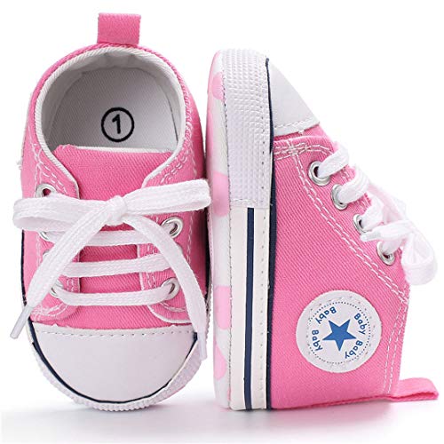 Baby Boy Shoes Canvas Soft Sole Newborn High Top Toddler Sneakers Infant Shoes for Baby Girls（11cm，0-6months,A-Pink - Thumbnail 5