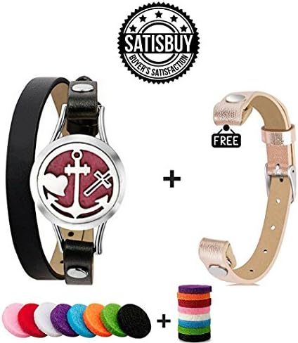 Essential Oil Diffuser Aromatherapy Bracelet Jewelry With 2 Leather Bands &amp;16 Colorful Pads | Stainless Steel Tree Of Life Locket Charm | Enhance Your Wellness, Complement (Black &amp; Silver)