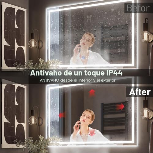 Espelho de casa de banho com luz 70x100cm, espelhos de casa de banho com LED com antiembaça, regulável, 3 cores de luz, função de memória