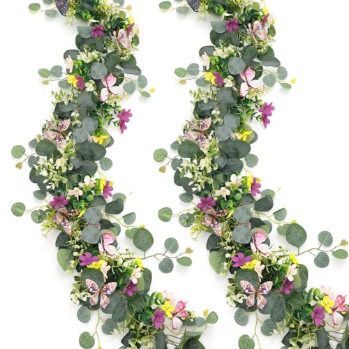 ASTNIC 2 Pack 5.68FT Artificial Eucalyptus Flower Garland with 3D Butterfly, Fake Hanging Plants Floral Vines Greenery Daisy Eucalyptus Garland for Wedding Backdrop Arch Wall Party Table Runner Decor