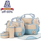 GUGER 5 pcs Multifunctional Baby Diaper Bag Suits Nappy Bag Mommy Bottle Holder Handbag With Changing Pad Larger Capacity Mummy Stroller Maternity Bag (light blue)