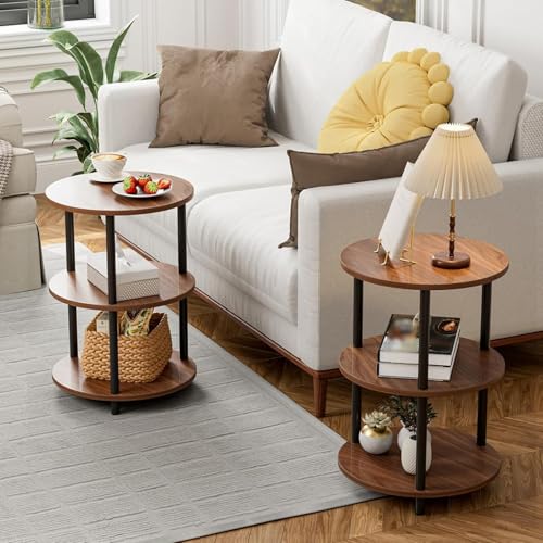 Simple Wisdom Mesa Auxiliar,Mesa Auxiliar Sala Redonda Lateral 3 Niveles,Mesita de Noche,Buros para Recamara,para Sala de Estar, Dormitorio, Estilo Industrial,Tamaño: 30 * 30 * 70 CM. (Color Nogal)