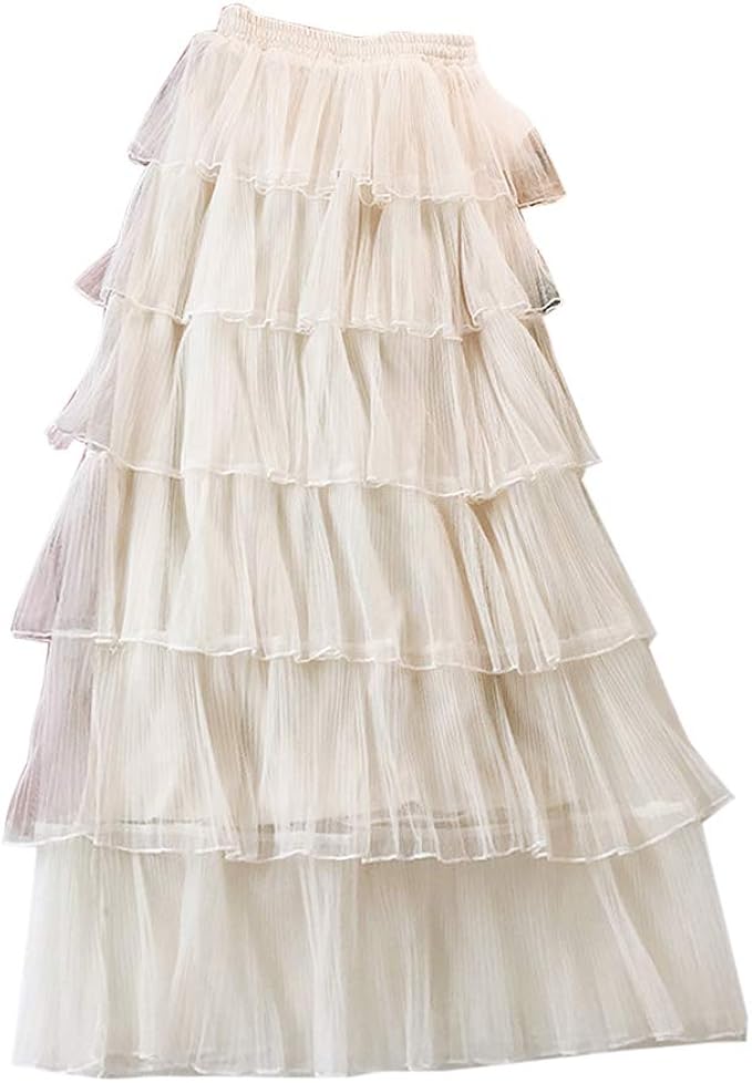 Women's Midi Skirt Pleated High Waist Layered Tulle Skirts Apricot One