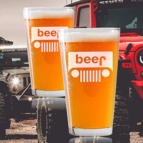Jeep/Beer Engraved PUB Style PINT Style Beer Glass.16oz - 2 pack - Perfect gift for the Offroad Overland Wrangler enthusiasts Men Women Dad jeeps lover. Includes Beer Food Pairing Card