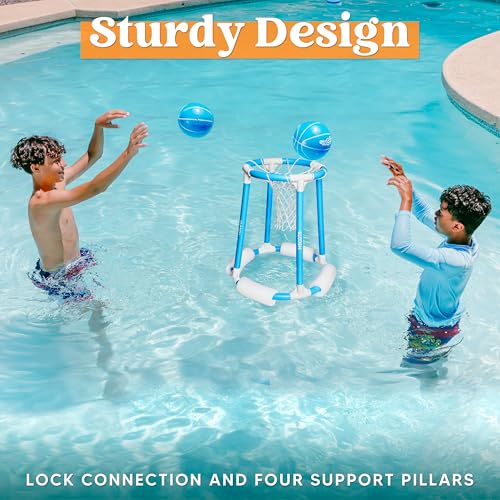Sloosh Pool Basketball Hoop Set, Floating Basketball Pool Game, Swimming Floats Toys with Balls Pump, Summer Outdoor Water Play Toy for Kids and Adults (Blue)