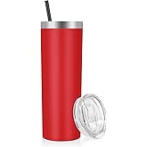 VEGOND 20 oz Stainless Steel Skinny Tumbler with Lids and Straws, 20oz Double Wall Insulated Slim Tumbler Cup for Cold Hot Drinks, Red 1 Pack