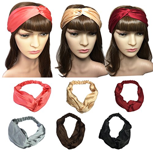 YSJOY 6 Pack Women Girls Silk Satin Headbands Solid Color Elastic Hairband Twisted Turban Headwrap For Sports or Fashion