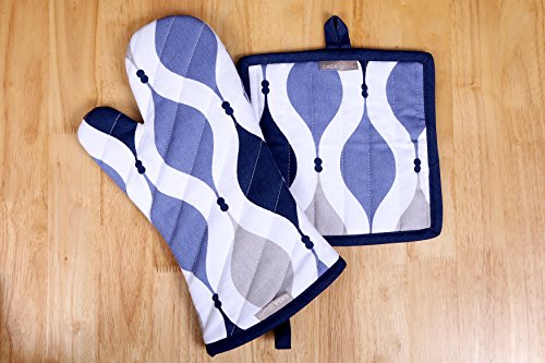 Pot Holders and Oven Mitts, Geometric Blue Design, Heat Resistant, Made of 100% Cotton, Set of 1 Oven Mitt and 1 Pot Holder, Pot Holders and Oven Mitts Sets By CASA DECORS