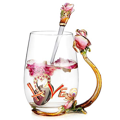 Luka Tech Handmade Enamel Butterfly Flower Glass Coffee Mugs Tea Cup with Spoon,Birthday Christmas Gifts for Her Women Mum Friends Valentines Mothers Day (Pink-Tall)