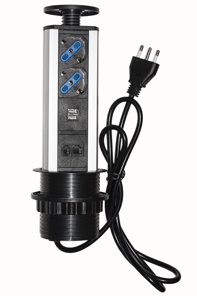 LINK LKMPT02 Retractable Table Socket with 2 Sockets 16A Female ITA/Schuko, 1 Rj45, 1 Rj11, 2 USB, Black