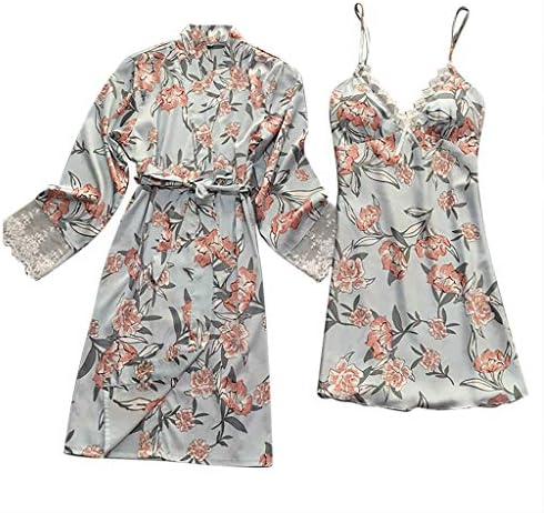 Women Sling Nightdress Robe Set Sexy Satin Lace Pajamas Sleepwear Long Sleeve