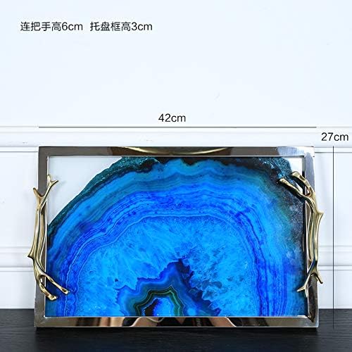 KIKIXI European light luxury metal blue agate stone pattern round tray tea tray coffee table storage storage jewelry display ornaments, rectangular blue agate tray