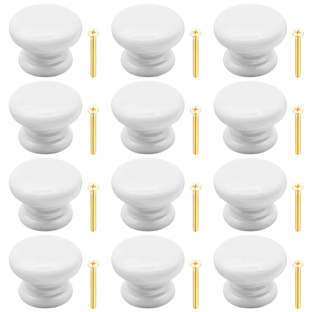 Yijunmca 12 Pack Round Drawer Knobs, 34mm Wooden, White, Mushroom Shape, for Dresser, Kitchen, Bathroom, Cupboards, Wardrobe Pulls