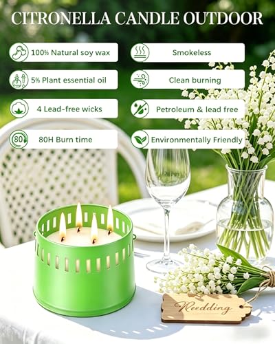 Vela grande citronela exteriore,Vela de Citronela con 4 mechas, Velas Perfumadas de Citronella 80 horas, Velas de Citronella 100% natural, Larga Velas de Regalo para acampar, jardín, picnic, patio