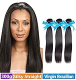 Rechoo Brazilian Virgin Remy Straight Hair Weave Unprocessed Human Hair Extension Silky Straight 3 Bundles 300g Natural Black 12
