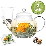 Teabloom Universal Glass Teapot with Infuser - 34 Oz Heat Resistant Borosilicate Glass Teapot - Great for Flowering Tea and Loose Leaf Tea - 2 Bonus Tea Flowers!
