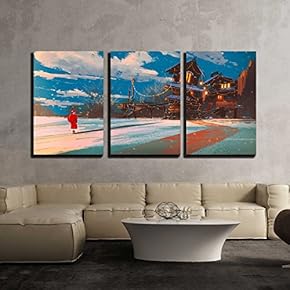 3 Piece Canvas Wall Art - Winter Landscape with Wooden House at Christmas Night,Illustration Painting - Modern Home Art Stretched and Framed Ready to Hang - 16"x24"x3 Panels
