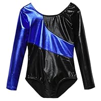 BELLE-LILI Kids Girls Sparkle Patchwork Long Sleeve Gymnastics Leotard (11-12 Years, Blue)