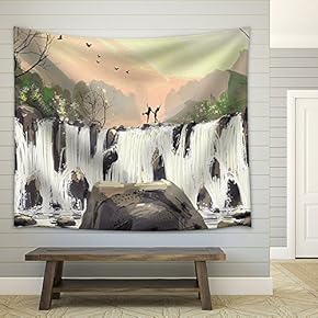 Digital Drawing Waterfall The Evening Atmosphere - Fabric Wall Tapestry Home Decor - 51x60 inches