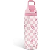 Checkered Floral Insulated Stainless Steel Water Bottle with Straw for Sports and Travel, 32oz, Gifts for Women Girls Friends Teens Birthday Christmas