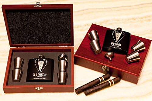 Rosewood Box Flask Gift Set, Personalized Groomsmen Gift, Custom Engraved Tuxedo Flask +Funnel +Shot Glasses in Wood Box, Bachelor, Wedding
