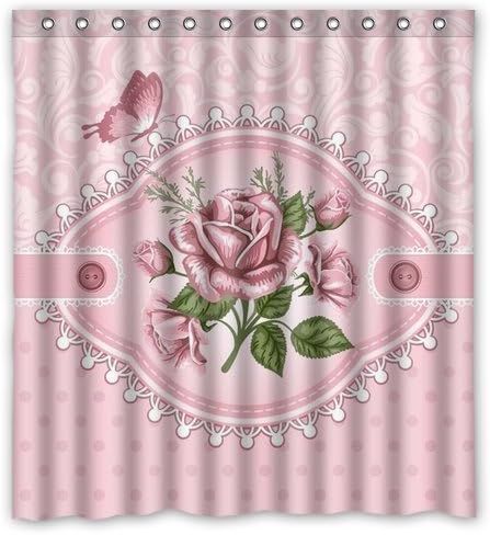 Icream Deal Valentine Series Custom Waterproof Fabric Bathroom Valentine Retro Floral Pink Rose and Butterfly Shower Curtain 66*75inch