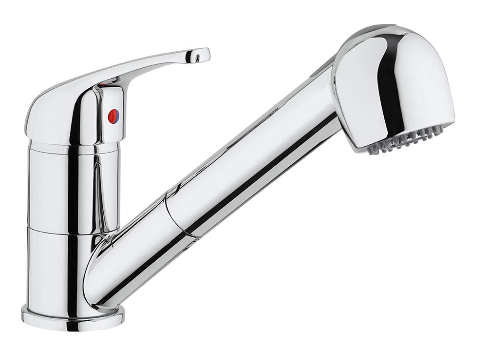 Paini Single Lever Kitchen Mixer Tap, Sink, Chrome, Upper Lever Low Spout with Pull-Out 2 Jets and Cumulator
