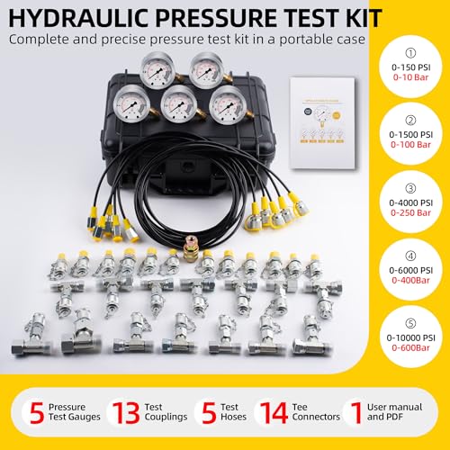 GRYVOZE Hydraulic Pressure Test Kit with 5 Gauges(Max 10000 PSI), 13 Test Couplings 14 Tee Connectors 5 Test Hoses, Hydraulic Gauge Tester Set for Excavator, Construction, Machinery, and Mine