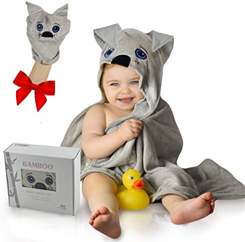 Hooded Baby Towel Set for New-Borns, Babies &amp; Toddlers: 100% Organic Bamboo for Infants Sensitive Skin, Puppy Animal Design Bath Towel with Soft Face &amp; Body Quick-Dry Washcloth 0-24 Months