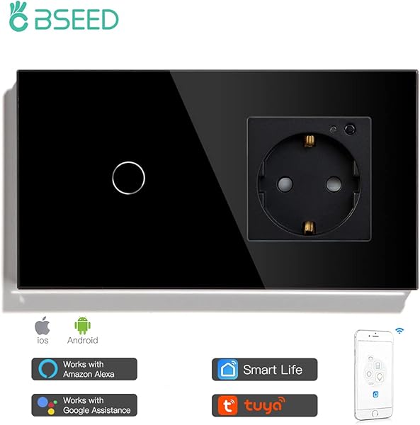 BSEED Smart Alexa WIFI Interruptor de luz con WiFi Schuko Socket 1 Gang 1 Way Panel de vidrio de pantalla tctil negro compatible con Google HomeTuyaSmart LifeSe requiere lnea neutra