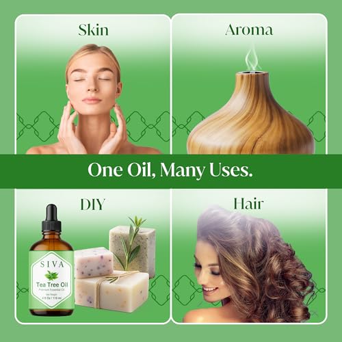 SIVA Tea Tree Essential Oil - 4 Fl Oz – Natural Tea Tree Oil - for Diffuser, Face, Skin Care, Aromatherapy, Hair Care, Scalp and Body Massage - with Dropper