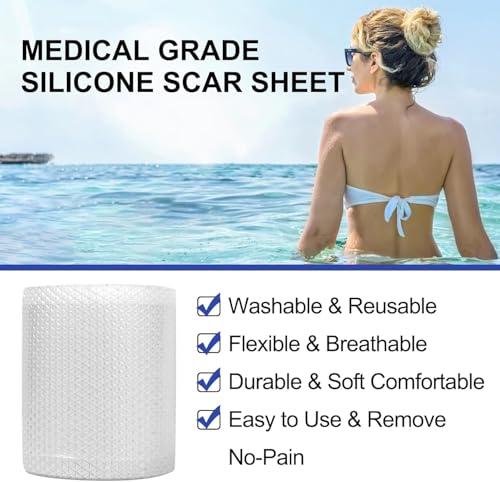 Silicone Scar Removal Sheets (1.6''x 120'', 3M), Professional Upgrade Silicone Sheet for Scars Caused by C-Section, Surgery, Burn, Acne, Stretch Marks, Works on Old & New Scars, Reusable Scar Sheets
