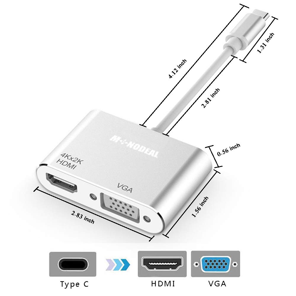USB C to HDMI VGA Adapter, Monodeal 2 in 1 USB 3.1 Type C to VGA HDMI 4K UHD Adapter, Support HDMI VGA Simultaneously, External Video Card Multi-display Video Converter, NO NEED DRIVER