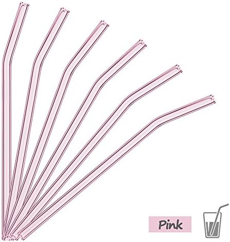 Reusable Bent Glass Drinking Straws, Set of 6 with 2 Cleaning Brushes,Shatter Resistant,BPA Free, Non-Toxic, Eco-Friendly, 200mm x 10mm (Bent 8'' x10mm, Pink)