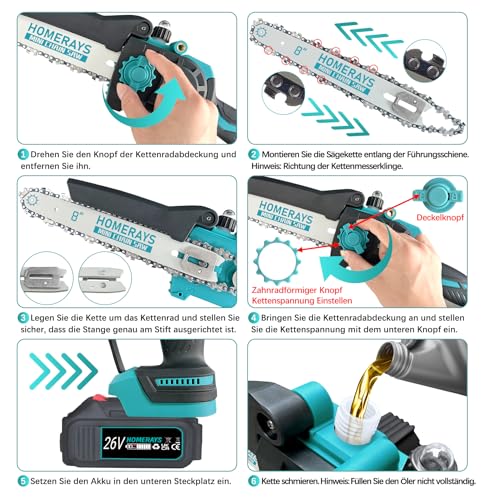 Mini Chainsaw with Battery 8000 mAh, 8 Inch & 6 Inch Mini Chainsaw Electric with Automatic Oiler and 2 x 4000 mAh Brushless Hand Chainsaw Battery for Garden Shears Loppers Wood Cutting