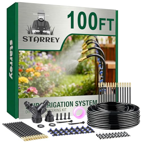 Starrey Drip Irrigation System, 2026-Upgrade 100Ft 1/4" Garden Watering System with 24 Pcs 360° Adjustable Copper Nozzles, DIY Kit for Garden, Lawn, Greenhouse, Raised Beds & Outdoor Plants